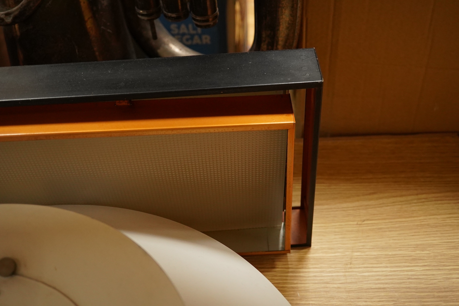A 1970’s Poul Henningsen PH5 Danish tiered cream and blue enamelled pendant ceiling light and a large rectangular shaped sheet metal ceiling light, together with a pair of Holmegaard teak and orange glass pendant wall li
